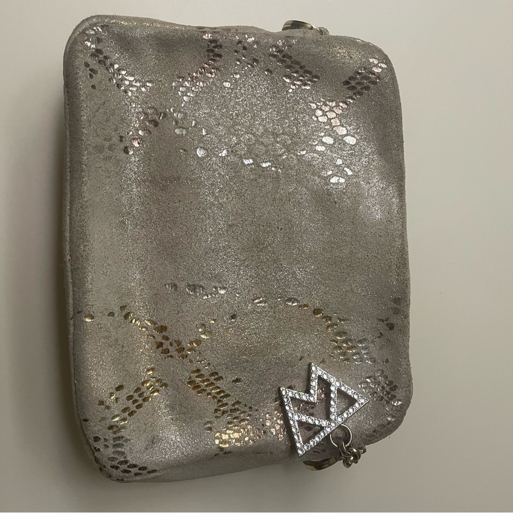 Kelly Wynne Metallic Suede Clutch with Rhinestone Charm